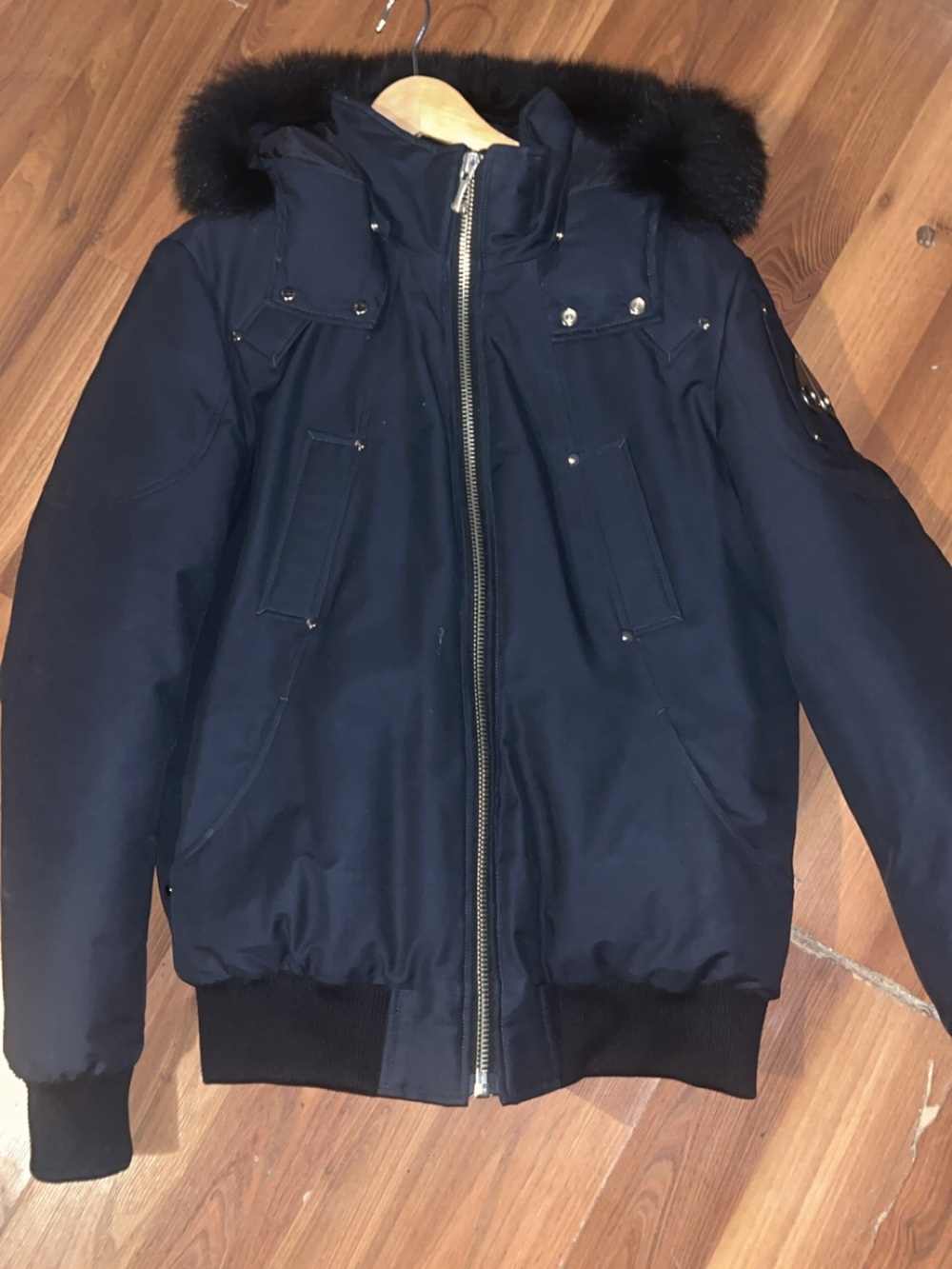 Moose Knuckles Men's Navy Puffer Jacket with Fur-Trim Hood